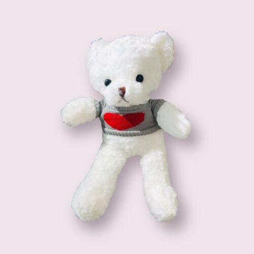 Poupée ours blanc pull cœur - 45 cm (yeux en plastique)